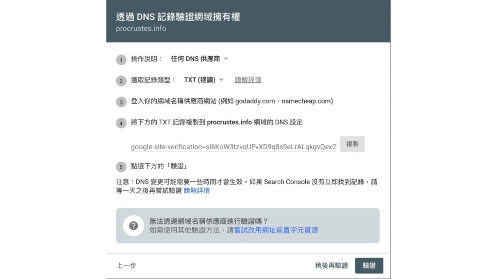 DNS 驗證為網站擁有者