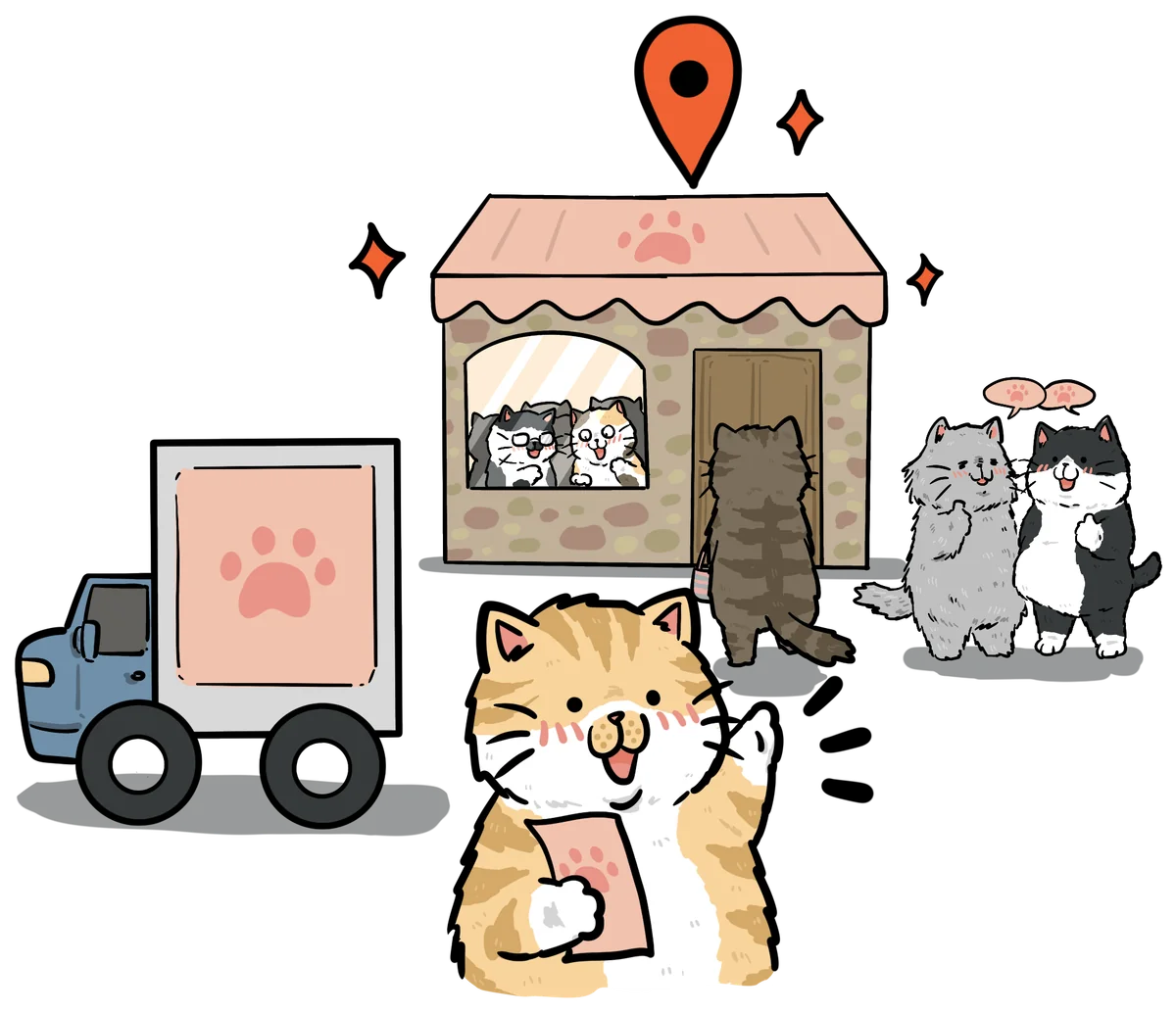 店面與地點標記、發傳單的橘貓、分享口碑的貓咪，以及廣告車。